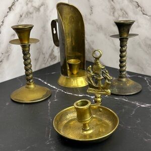 Vintage Solid Brass Candle Holder Collectn –5 Piece Set Incl.Signed Spanish Pair